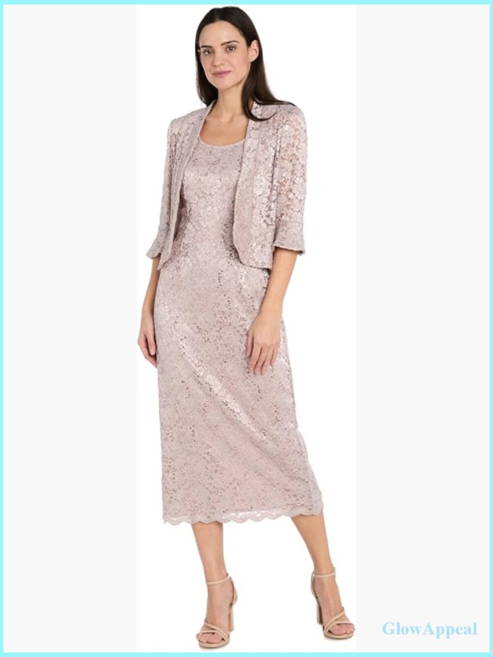 Floral Lace Sheath Dress with Jacket Two-Piece Set Midi Length Scoop Neck